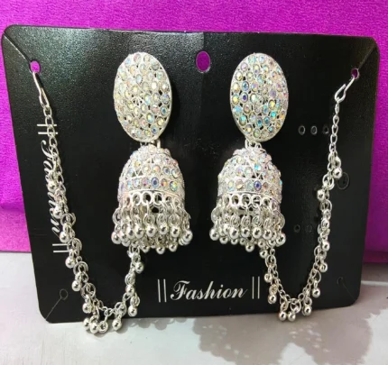 stone studded jhumka earrings front view