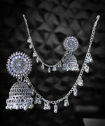 oxidised jhumka earrings with chain front view