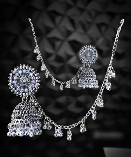 oxidised jhumka earrings with chain front view