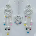 heart design long earrings with maang tikka multicolor beads