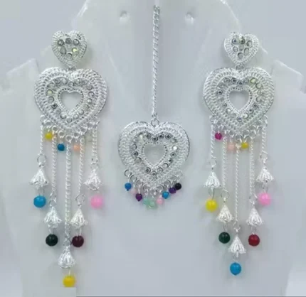 heart design long earrings with maang tikka multicolor beads