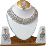 american diamond choker necklace set with earrings and maang tikka