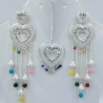 silver heart long earrings with colorful beads and pendant set