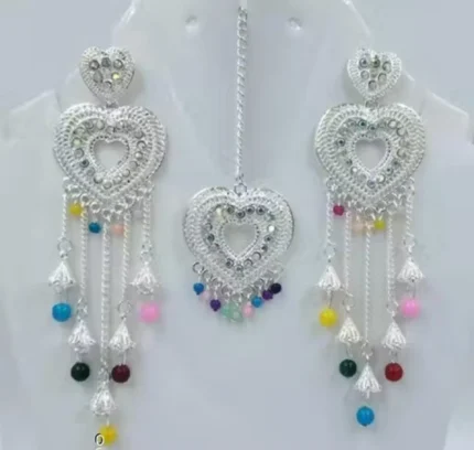 silver heart long earrings with colorful beads and pendant set