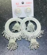 ad stone chandbali jhumka earrings silver hoop heavy design