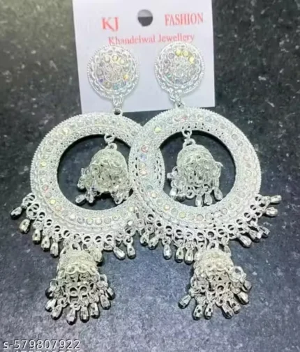 ad stone chandbali jhumka earrings silver hoop heavy design