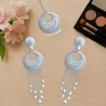 silver chandbali jhumka earrings with pearl chain