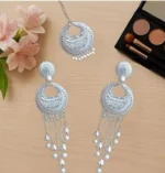 silver chandbali jhumka earrings with pearl chain