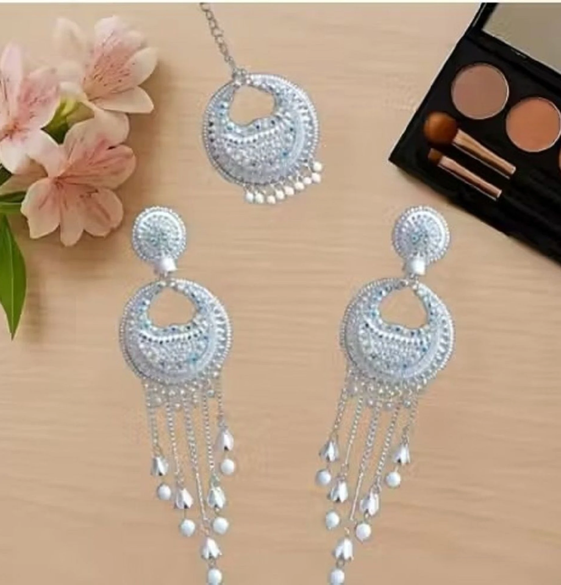 silver chandbali jhumka earrings with pearl chain silver chandbali jhumka earrings with pearl chain