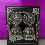 oxidized silver jhumka earrings with chain front view