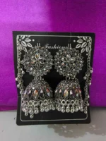 oxidized silver jhumka earrings with chain front view