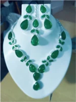 green stone necklace set with earrings and maang tikka