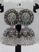 oxidized silver multicolor stone jhumka earrings