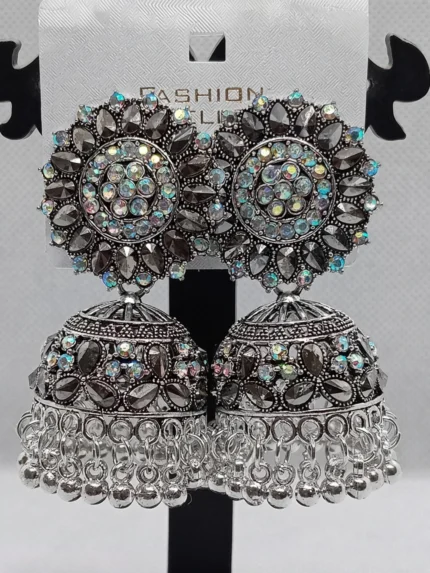 oxidized silver multicolor stone jhumka earrings