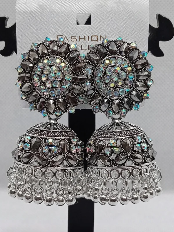 oxidized silver multicolor stone jhumka earrings