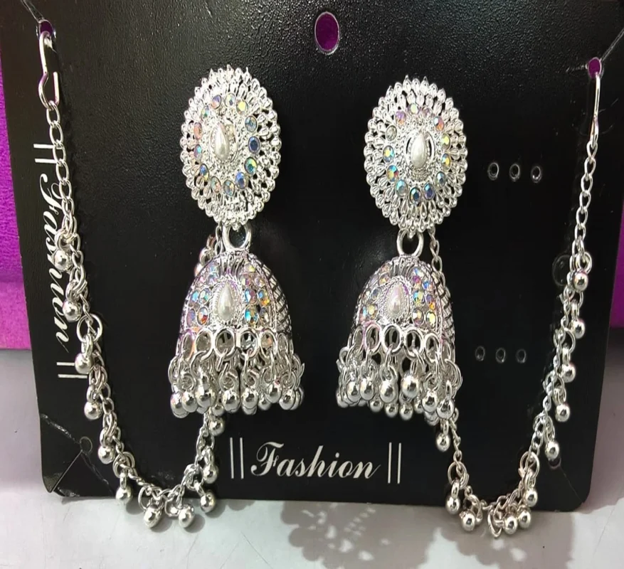 oxidized silver jhumka earrings with ear chain