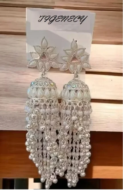 long oxidized silver jhumka earrings pearl tassel