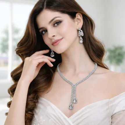 silver american diamond lariat necklace set wholesale