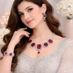 model wearing ruby red artificial jewellery necklace set