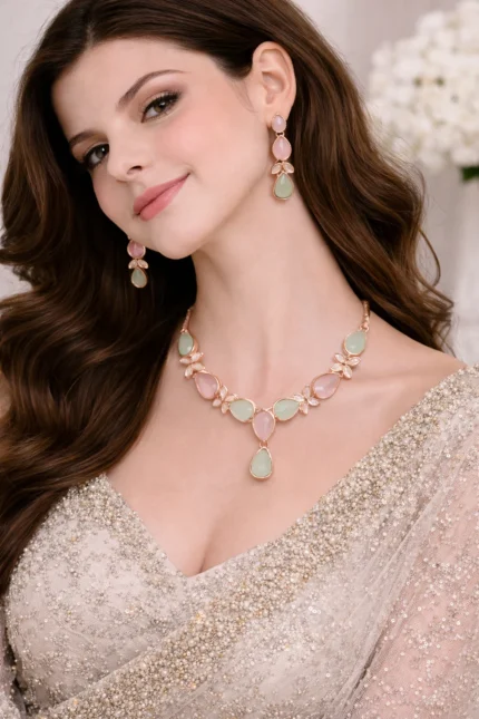 model wearing pastel artificial jewellery necklace set