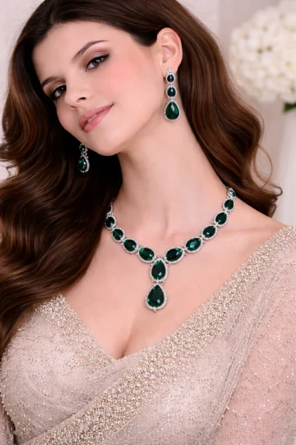model wearing green artificial jewellery necklace set