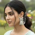 model wearing silver jhumka earrings with ear chain