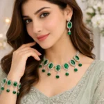 model wearing green crystal artificial jewellery necklace set