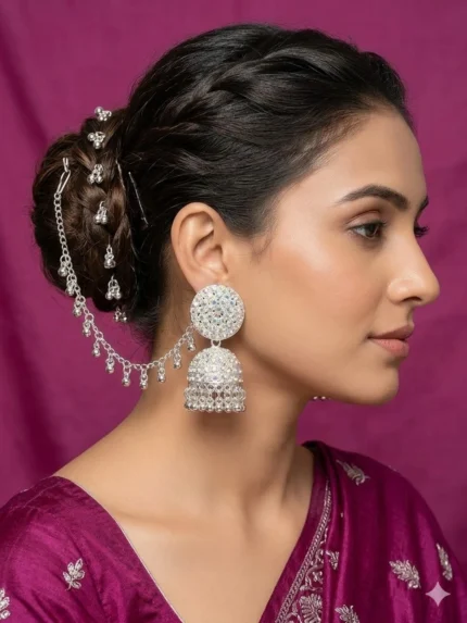jhumka earrings with chain worn look