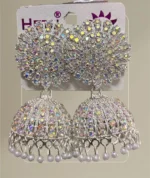 ad stone heavy jhumka earrings with pearl drops silver finish