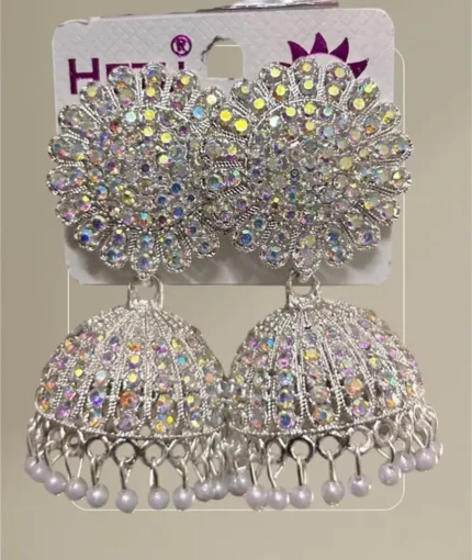 ad stone heavy jhumka earrings with pearl drops silver finish