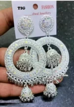 ad stone chandbali jhumka earrings silver hoop heavy design
