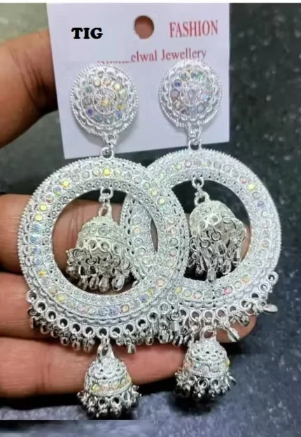 ad stone chandbali jhumka earrings silver hoop heavy design