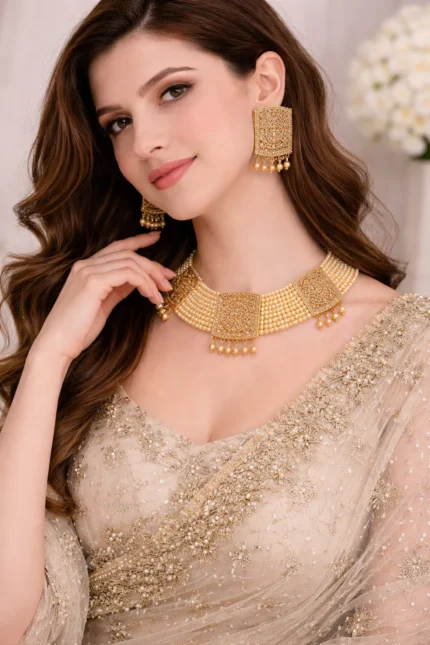 gold pearl layered bridal choker necklace set wholesale