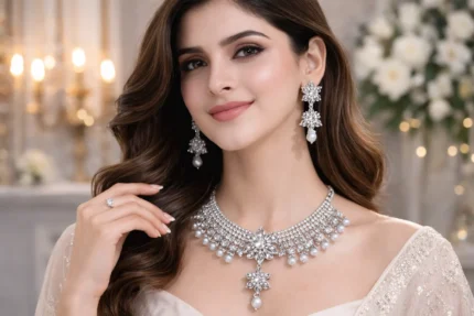 silver american diamond bridal choker necklace set with maang tikka wholesale