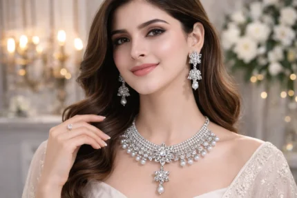 silver american diamond floral bridal choker necklace set wholesale