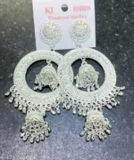 oxidised silver chandbali earrings with hanging jhumka design