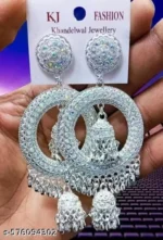 ad stone chandbali jhumka earrings silver hoop heavy design