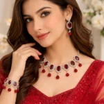 model wearing red crystal artificial jewellery necklace set