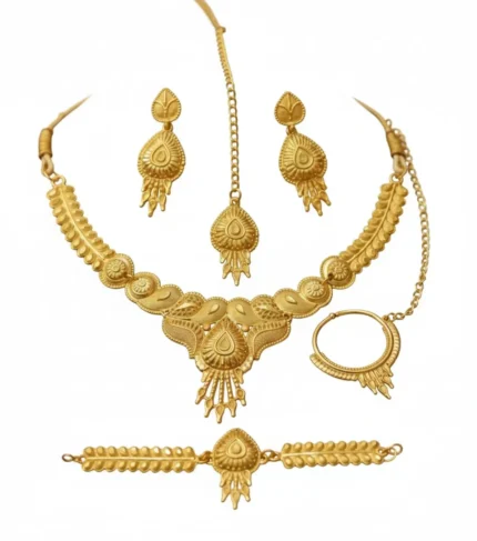 gold plated traditional bridal jewellery set wholesale with maang tikka and bracelet