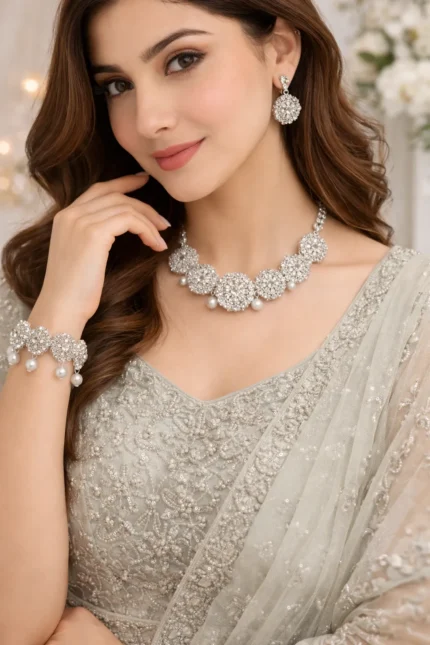 model wearing crystal pearl artificial jewellery necklace set