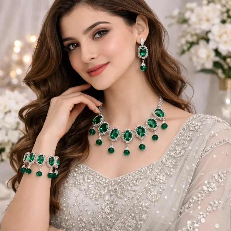 model wearing green crystal artificial jewellery necklace set