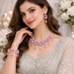 model wearing pink crystal artificial jewellery necklace set