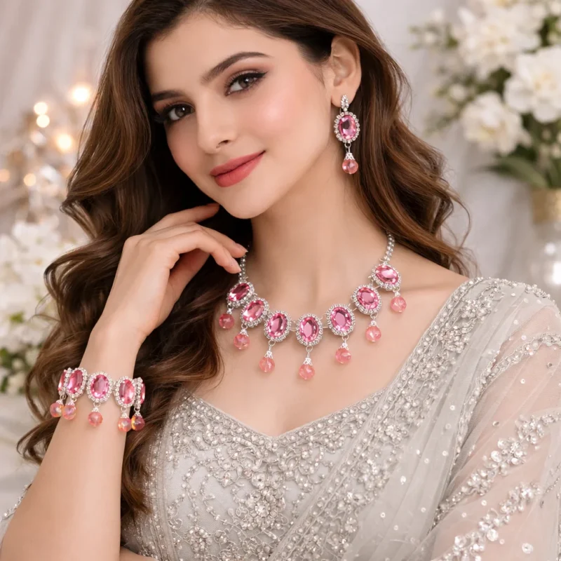 model wearing pink crystal artificial jewellery necklace set