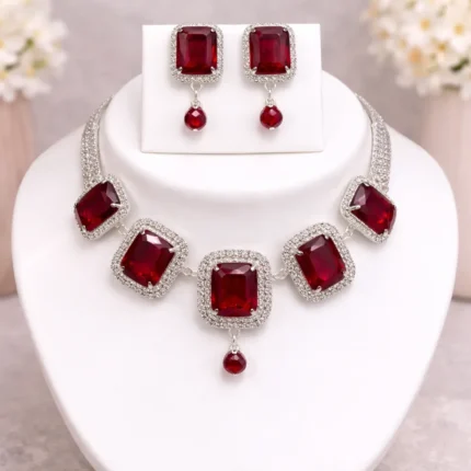 ruby red square crystal necklace set wholesale