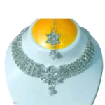 silver american diamond bridal choker necklace set with maang tikka wholesale