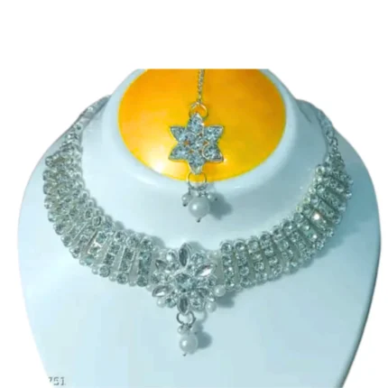 silver american diamond bridal choker necklace set with maang tikka wholesale