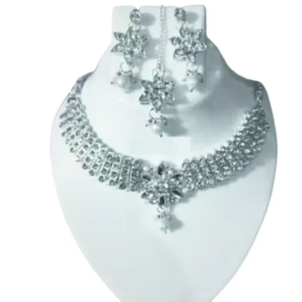 silver american diamond floral bridal choker necklace set wholesale