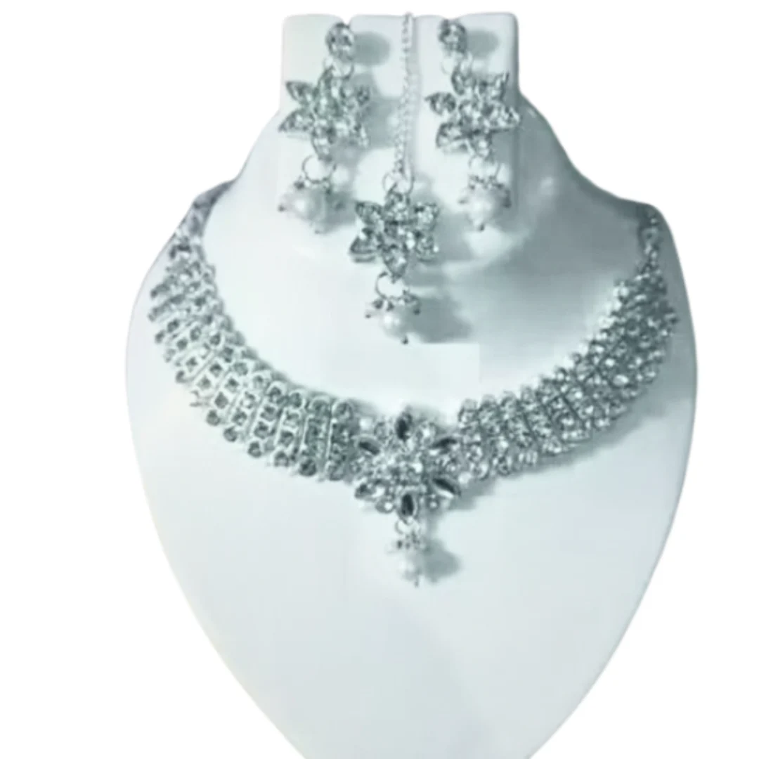 silver american diamond floral bridal choker necklace set wholesale silver american diamond floral bridal choker necklace set wholesale
