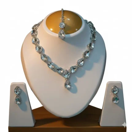 silver teardrop crystal bridal necklace set wholesale with maang tikka