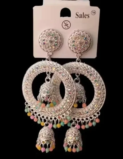 oxidised silver chandbali jhumka earrings with colorful beads